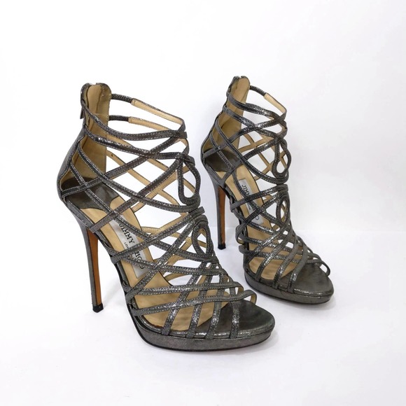 Jimmy Choo Glitter Leather Gladiator Heels In Anthracite Metallic Silver Gray - Picture 5 of 12